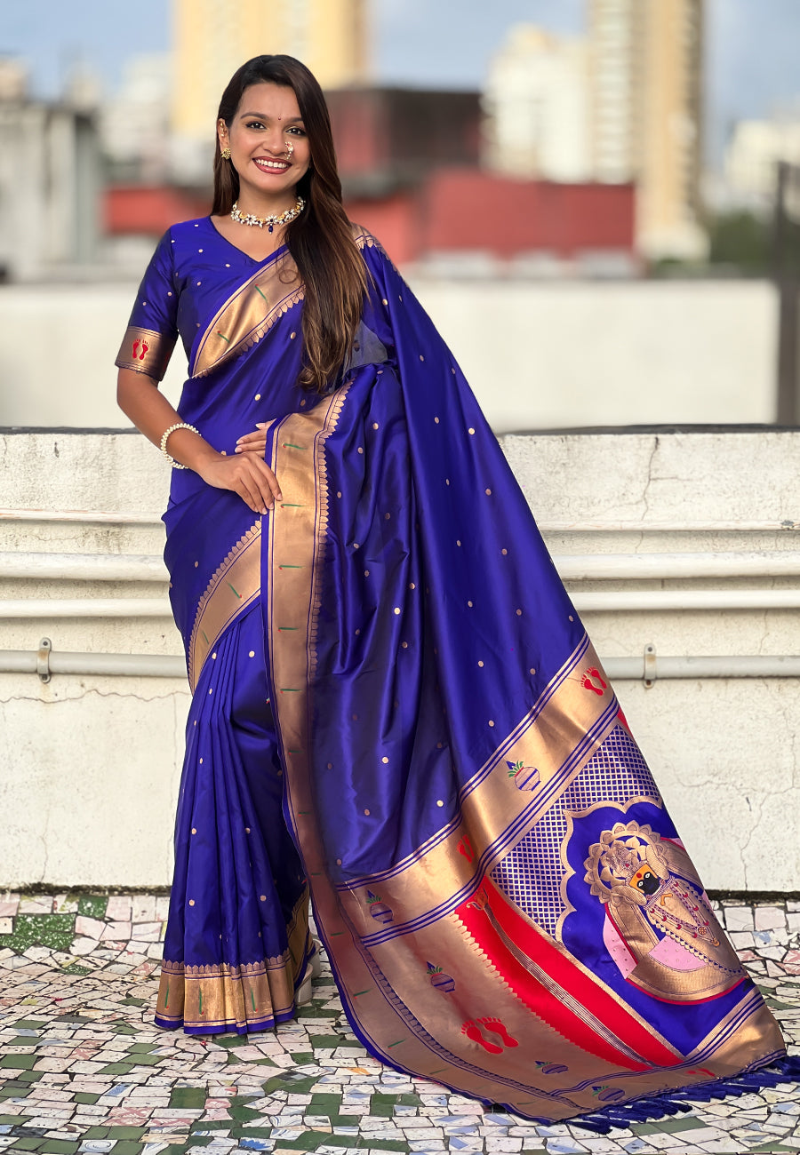 Violet Zari Woven Mahalaxmi God Paithani Silk Saree