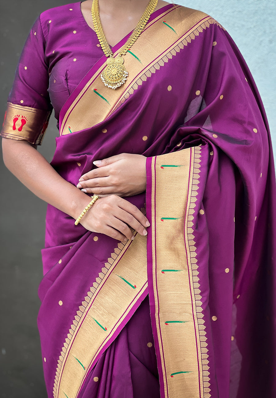 Wine Zari Woven Mahalaxmi God Paithani Silk Saree Paithani Saree Anant Tex Exports Pvt.Ltd..