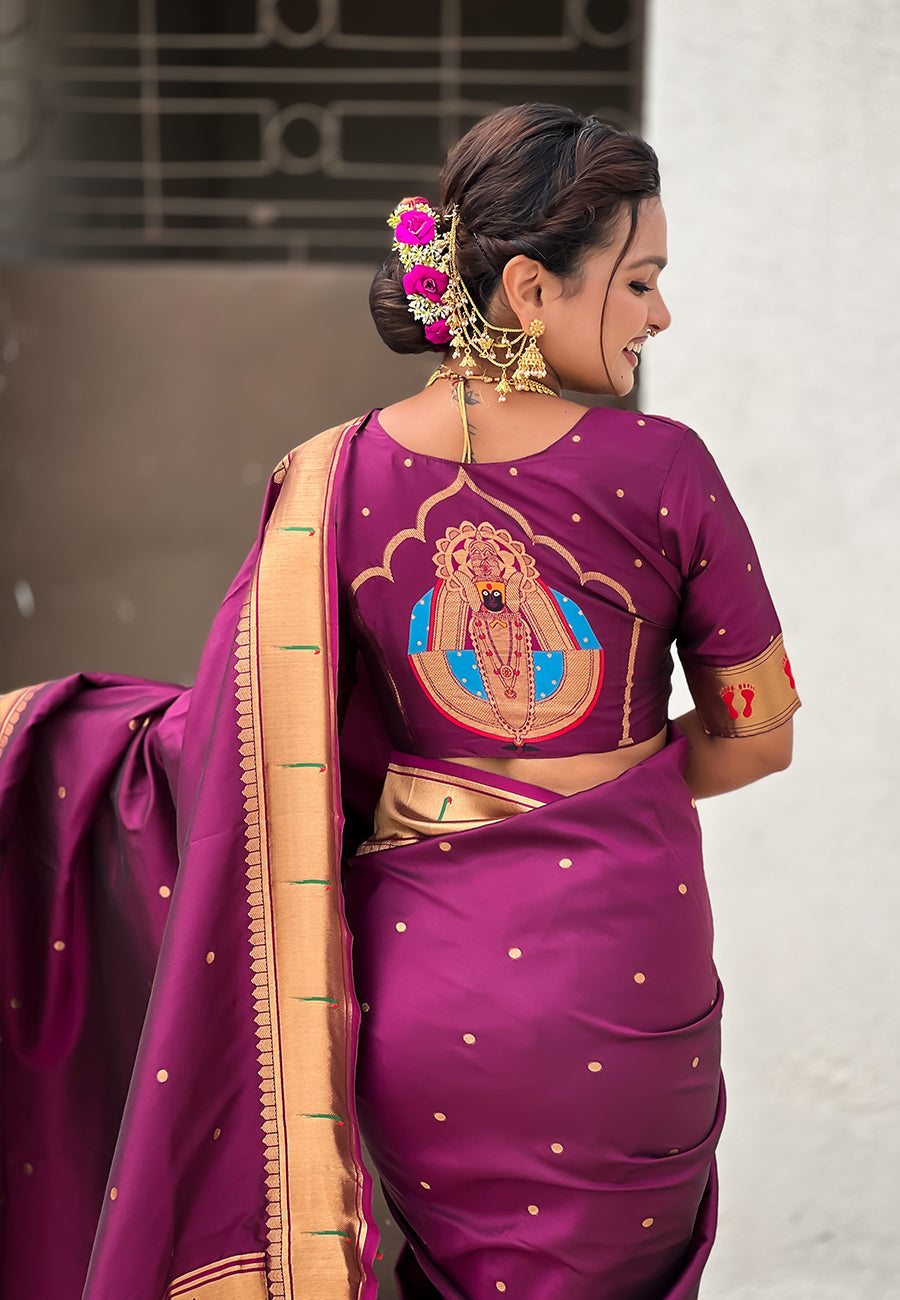 Wine Zari Woven Mahalaxmi God Paithani Silk Saree