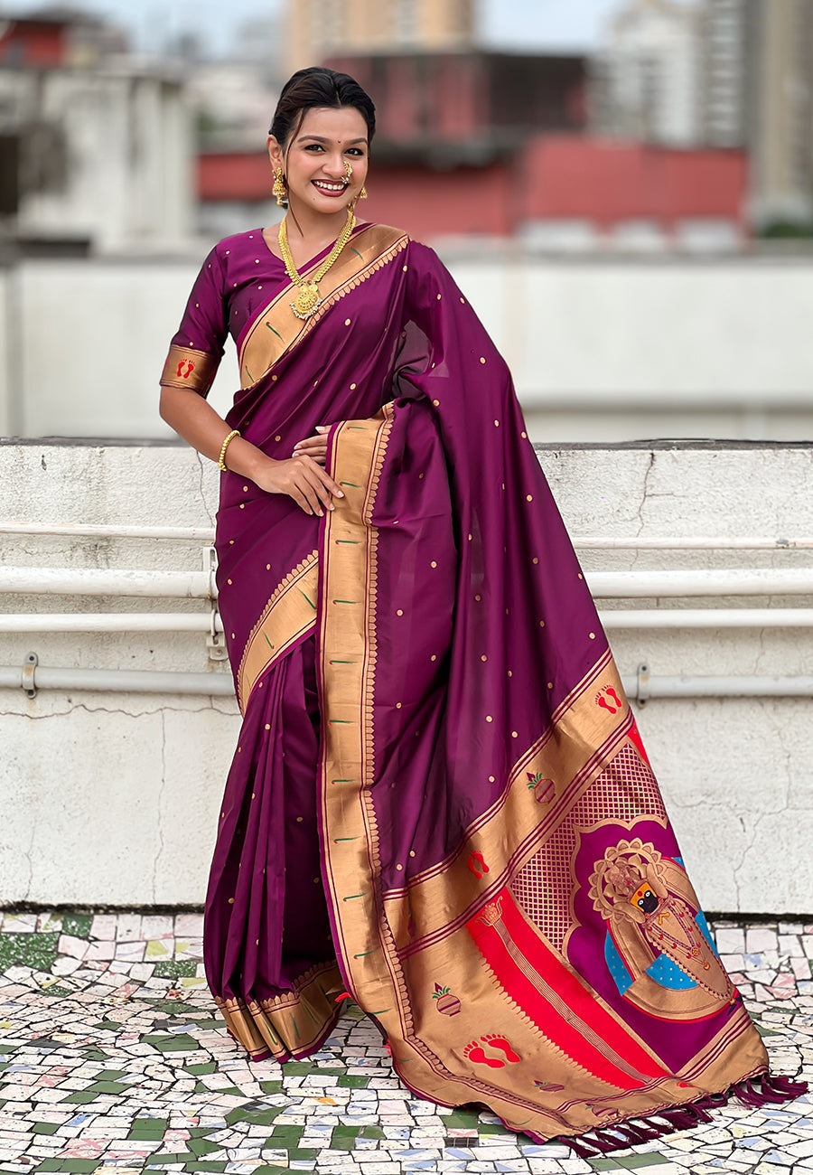 Wine Zari Woven Mahalaxmi God Paithani Silk Saree Paithani Saree Anant Tex Exports Pvt.Ltd..
