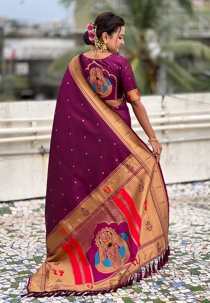 Wine Zari Woven Mahalaxmi God Paithani Silk Saree Paithani Saree Anant Tex Exports Pvt.Ltd..