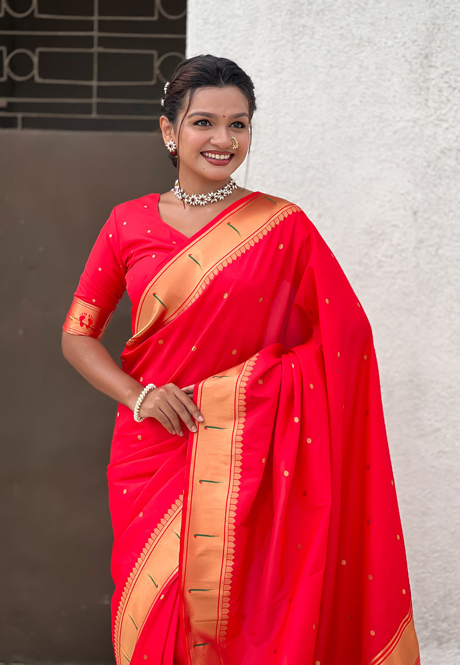 Red Zari Woven Mahalaxmi God Paithani Silk Saree
