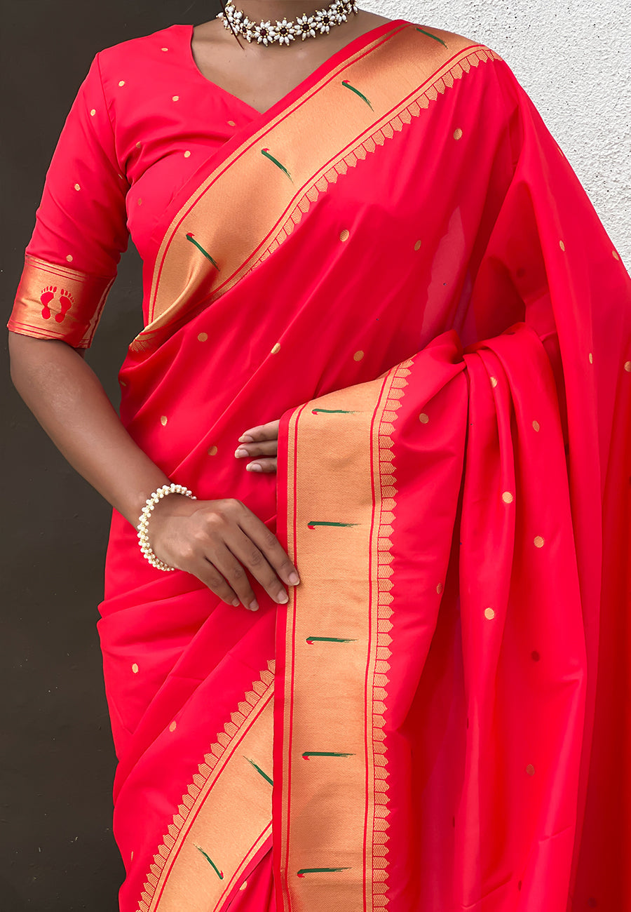 Red Zari Woven Mahalaxmi God Paithani Silk Saree