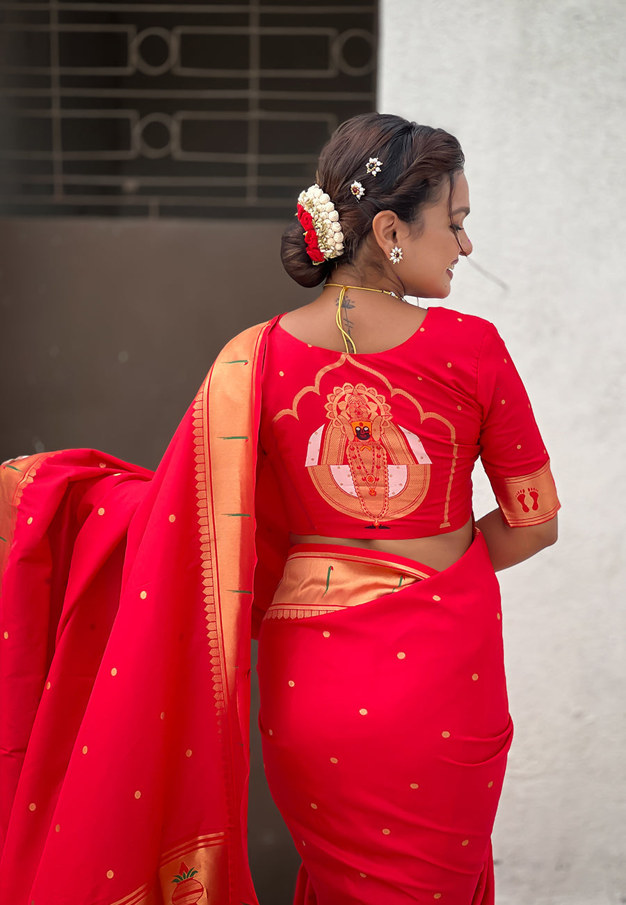 Red Zari Woven Mahalaxmi God Paithani Silk Saree