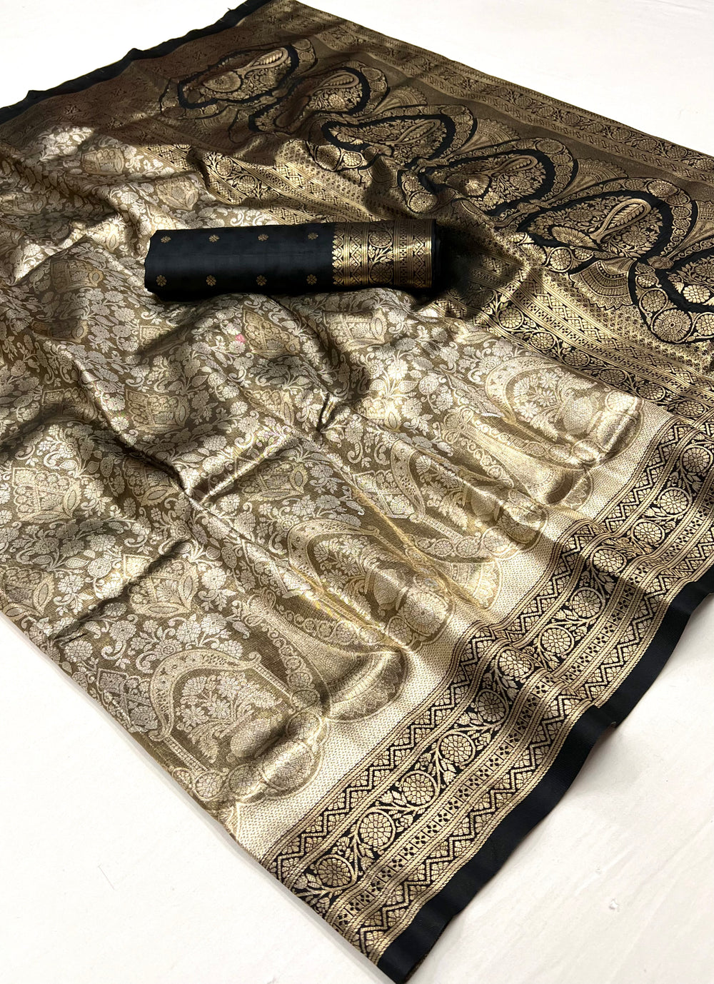 Silver Black and Brown Woven Kanjivaram Banarasi Silk Saree