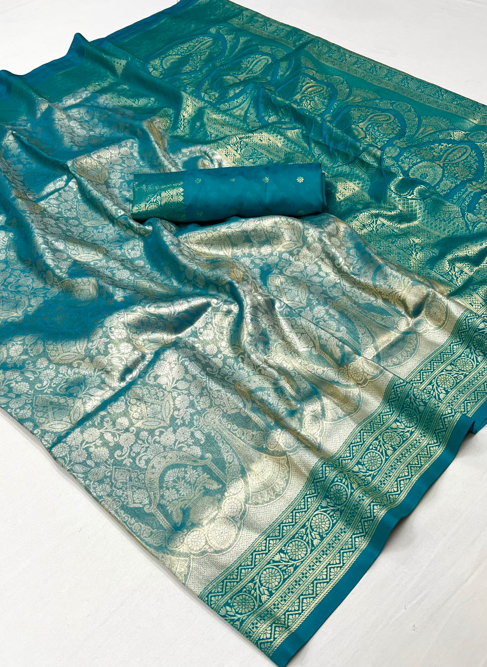Neptune Blue Woven Kanjivaram Banarasi Silk Saree