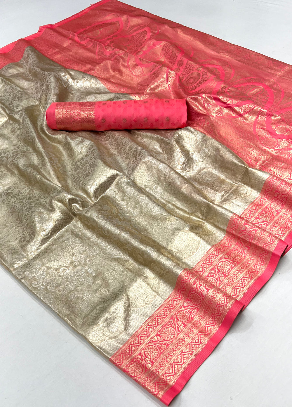 Pink and Cream Woven Kanjivaram Banarasi Silk Saree
