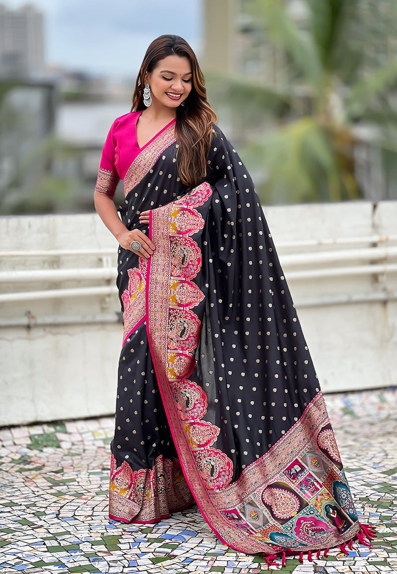 Jade Black Pashmina Darbari Silk Zari Banarasi Saree
