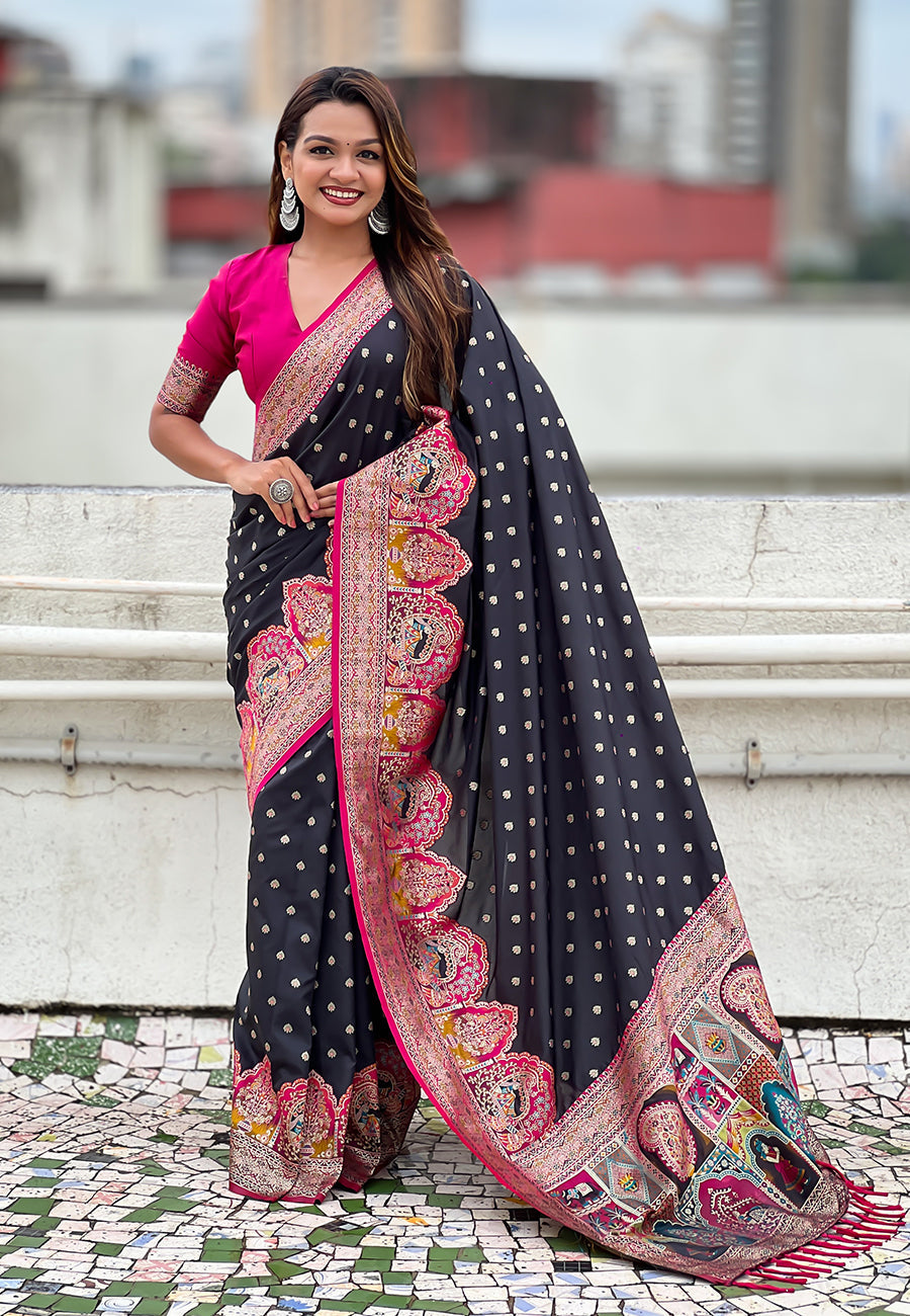 Jade Black Pashmina Darbari Silk Zari Banarasi Saree