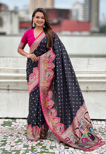 Jade Black Pashmina Darbari Silk Zari Banarasi Saree
