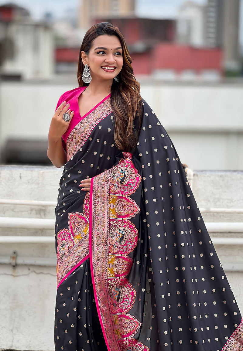 Jade Black Pashmina Darbari Silk Zari Banarasi Saree