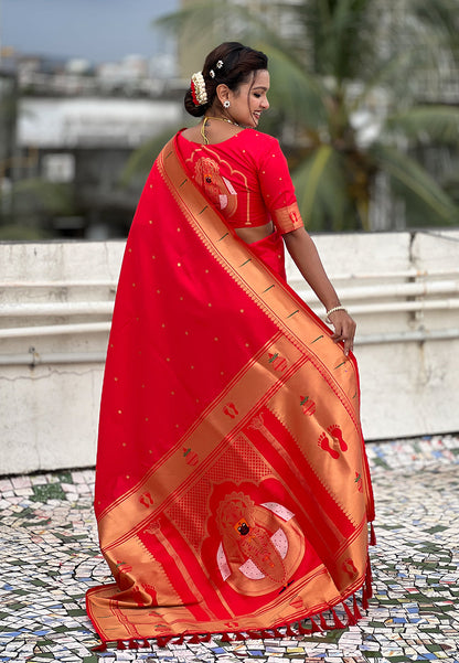 Red Zari Woven Mahalaxmi God Paithani Silk Saree Paithani Saree Anant Tex Exports Pvt.Ltd..