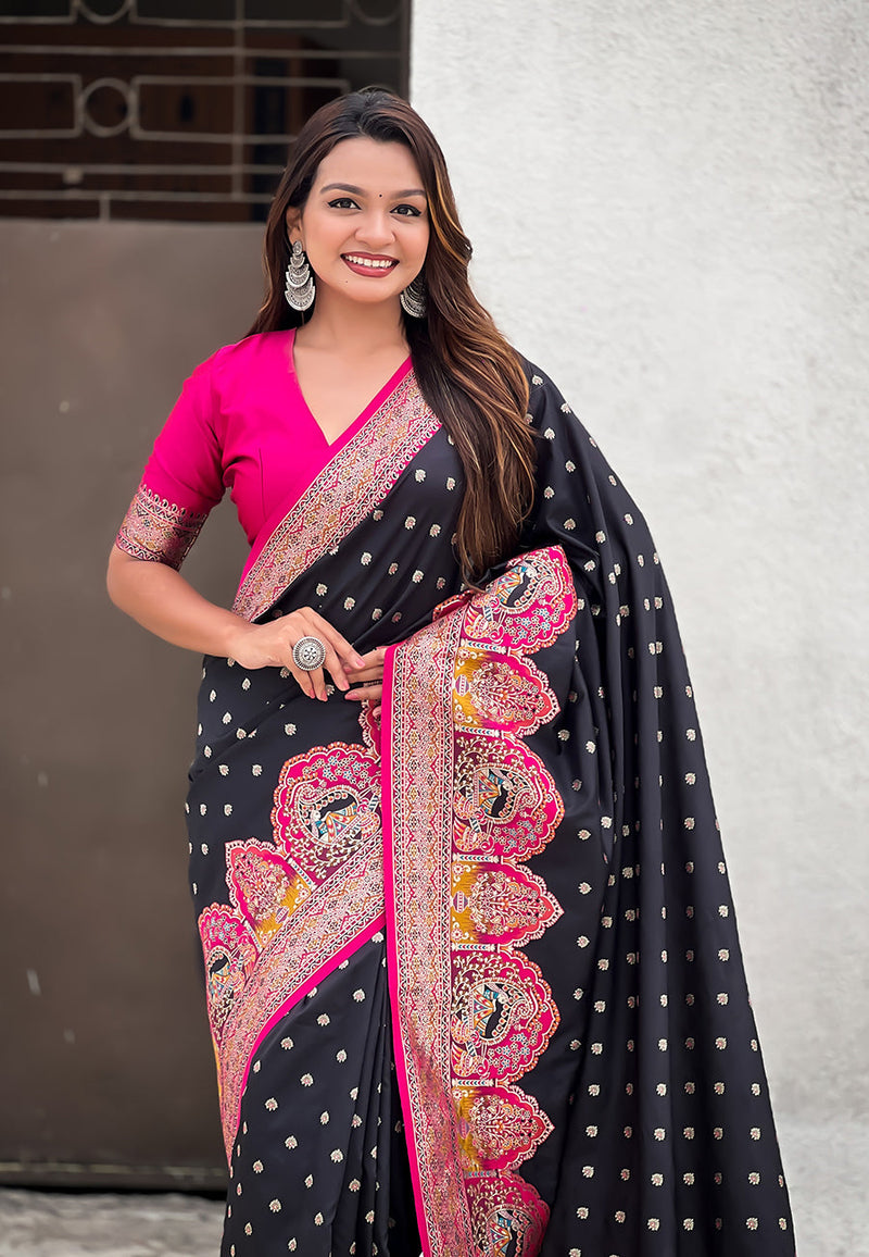 Jade Black Pashmina Darbari Silk Zari Banarasi Saree