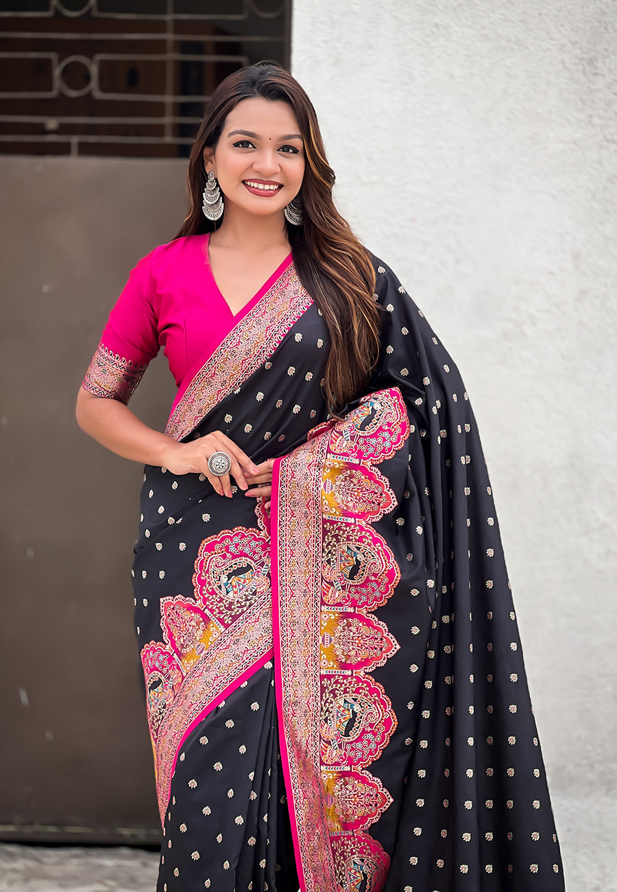 Jade Black Pashmina Darbari Silk Zari Banarasi Saree