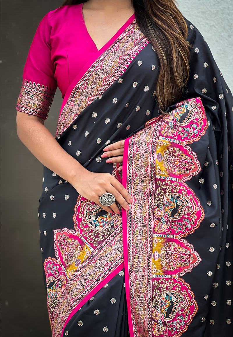 Jade Black Pashmina Darbari Silk Zari Banarasi Saree