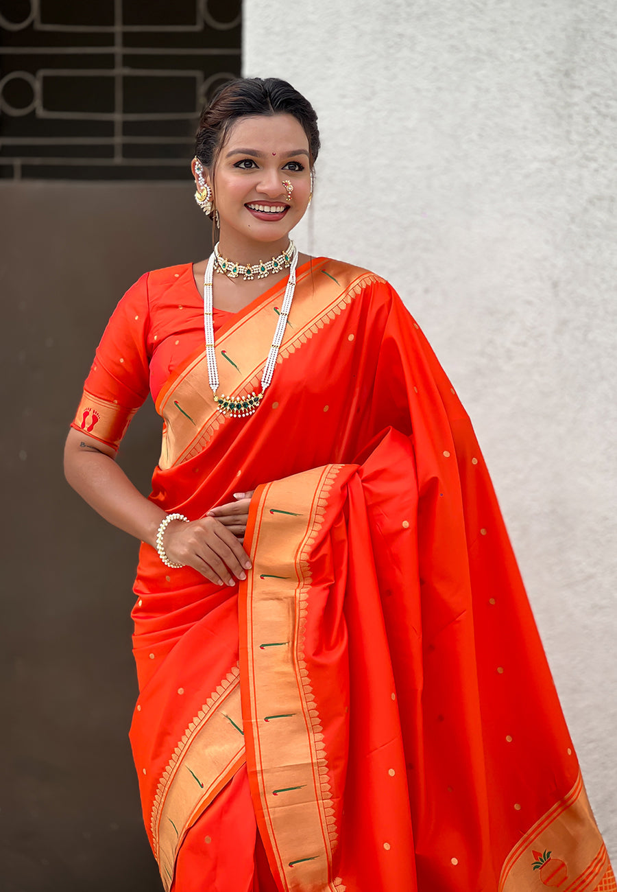 Orange Zari Woven Mahalaxmi God Paithani Silk Saree
