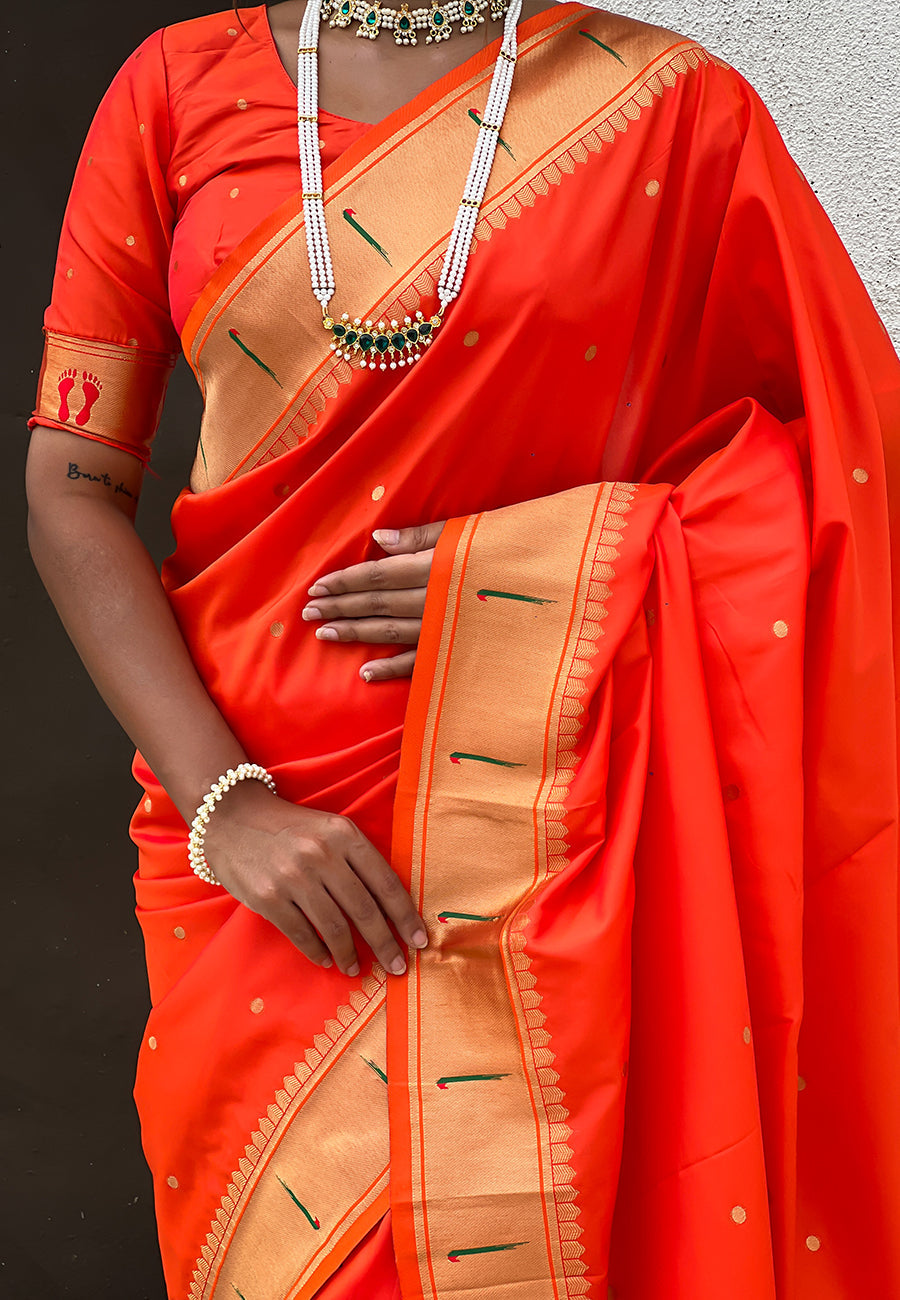 Orange Zari Woven Mahalaxmi God Paithani Silk Saree