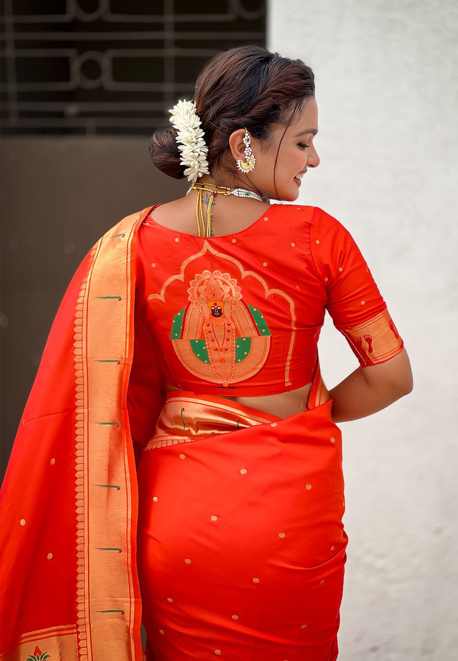 Orange Zari Woven Mahalaxmi God Paithani Silk Saree