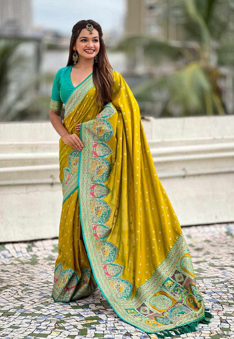Mehendi Green Pashmina Darbari Silk Zari Banarasi Saree