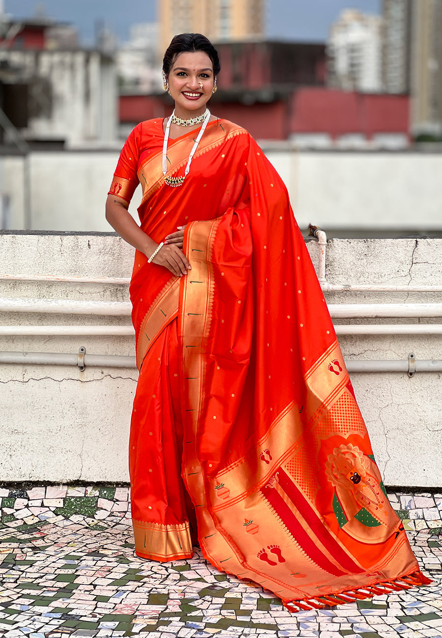 Orange Zari Woven Mahalaxmi God Paithani Silk Saree