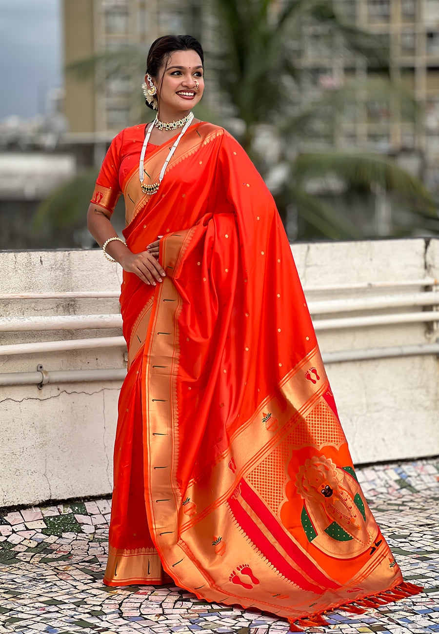 Orange Zari Woven Mahalaxmi God Paithani Silk Saree