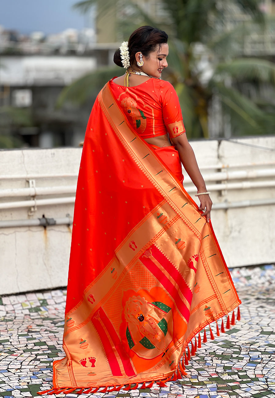Orange Zari Woven Mahalaxmi God Paithani Silk Saree