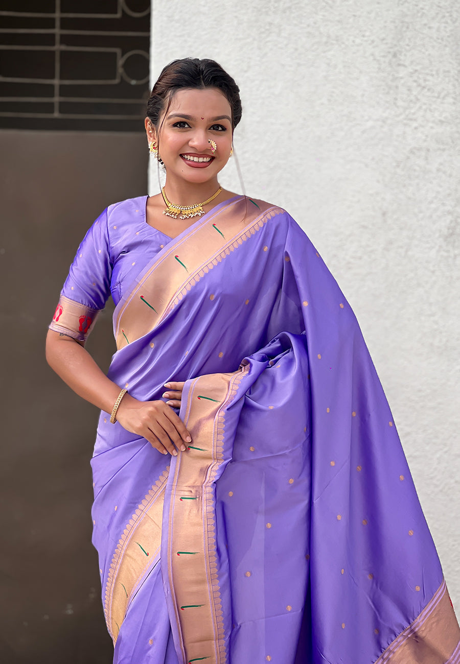 Lavender Zari Woven Mahalaxmi God Paithani Silk Saree
