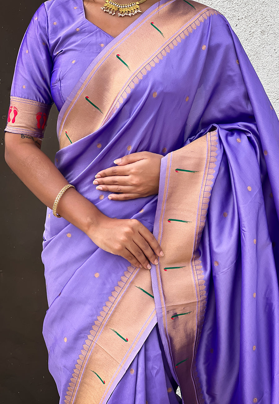 Lavender Zari Woven Mahalaxmi God Paithani Silk Saree