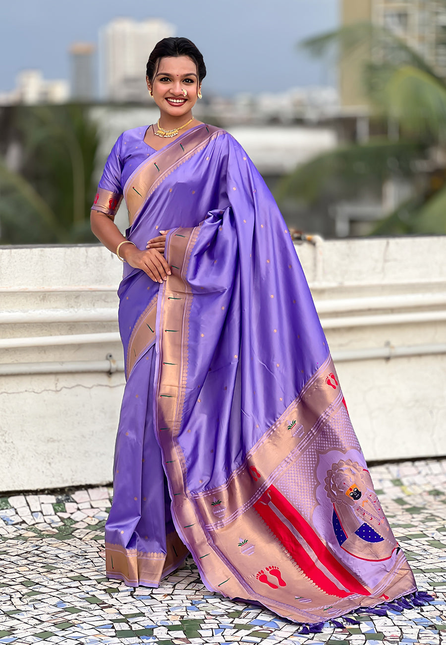 Lavender Zari Woven Mahalaxmi God Paithani Silk Saree