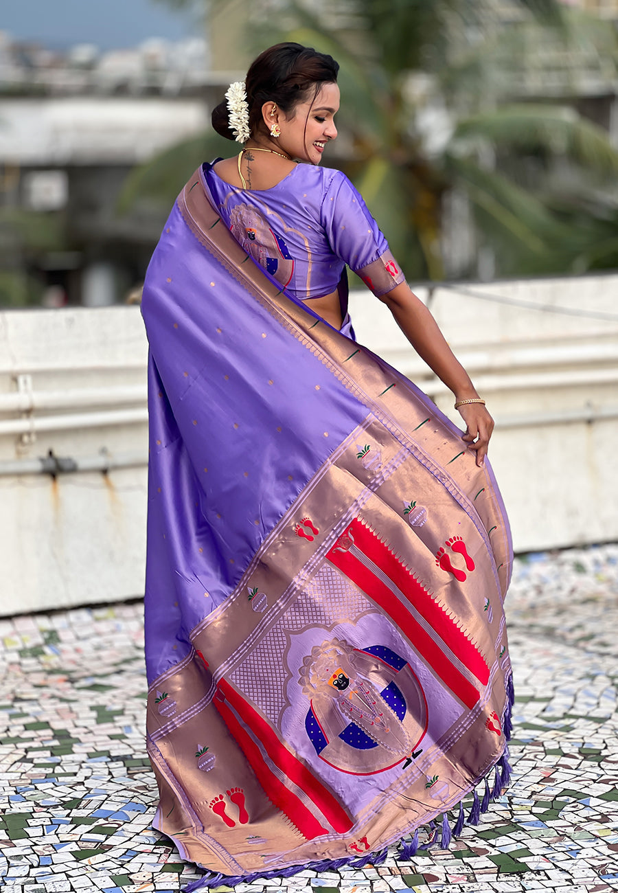 Lavender Zari Woven Mahalaxmi God Paithani Silk Saree Paithani Saree Anant Tex Exports Pvt.Ltd..