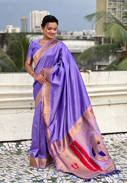 Lavender Zari Woven Mahalaxmi God Paithani Silk Saree Paithani Saree Anant Tex Exports Pvt.Ltd..
