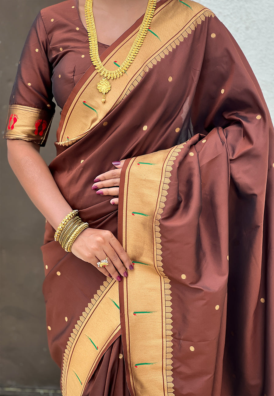 Coffee Zari Woven Mahalaxmi God Paithani Silk Saree Paithani Saree Anant Tex Exports Pvt.Ltd..