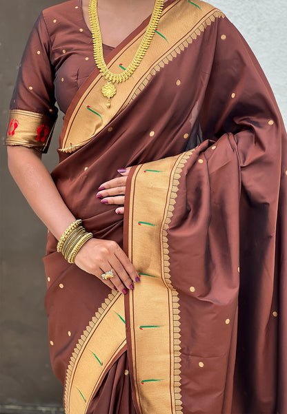 Coffee Zari Woven Mahalaxmi God Paithani Silk Saree Paithani Saree Anant Tex Exports Pvt.Ltd..
