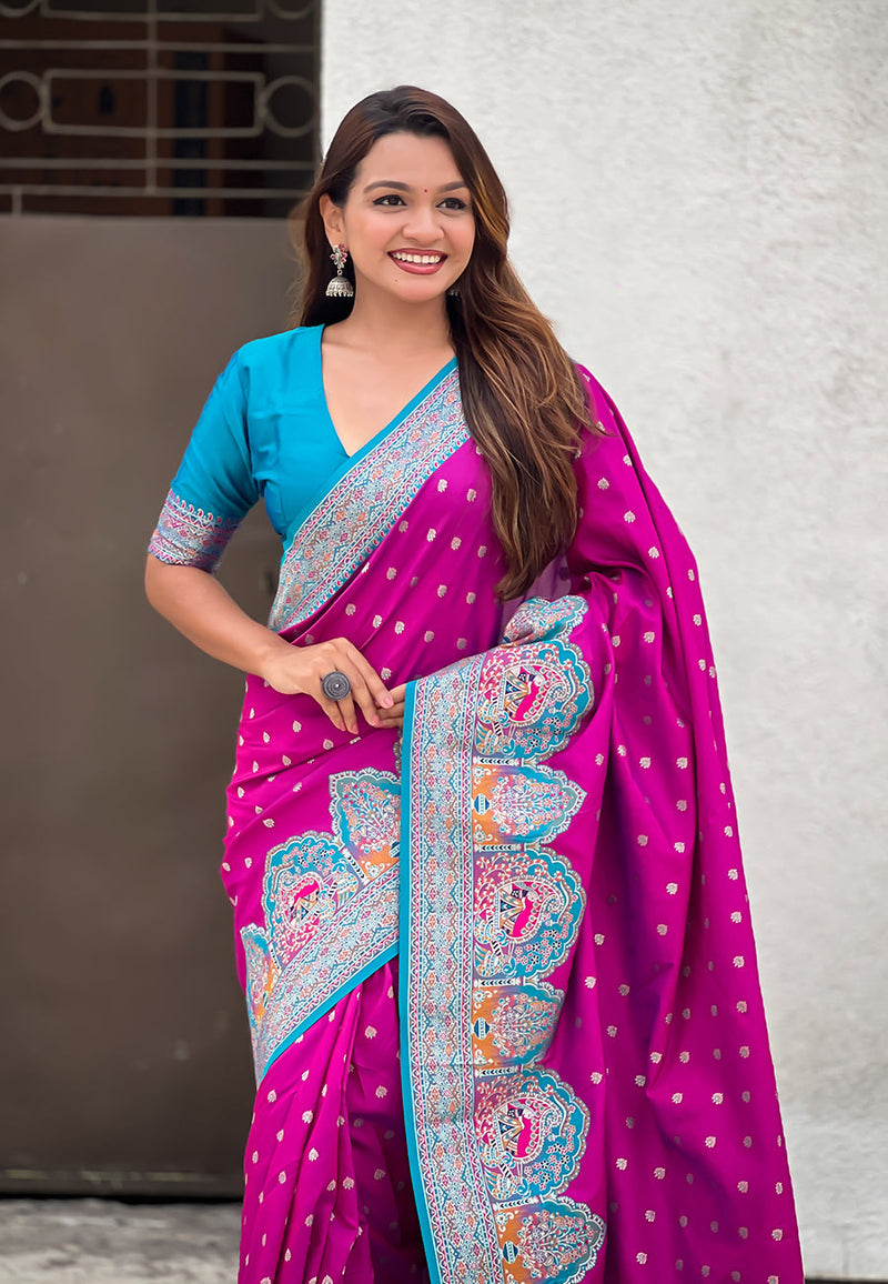 Magenta Pashmina Darbari Silk Zari Banarasi Saree