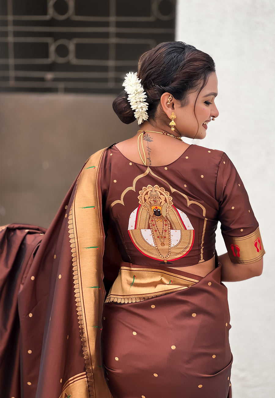 Coffee Zari Woven Mahalaxmi God Paithani Silk Saree Paithani Saree Anant Tex Exports Pvt.Ltd..