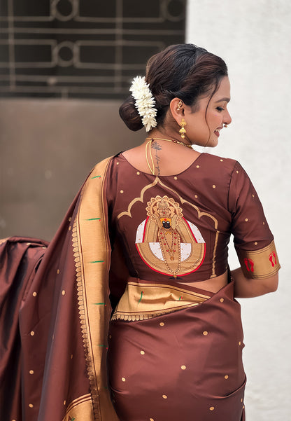 Coffee Zari Woven Mahalaxmi God Paithani Silk Saree Paithani Saree Anant Tex Exports Pvt.Ltd..