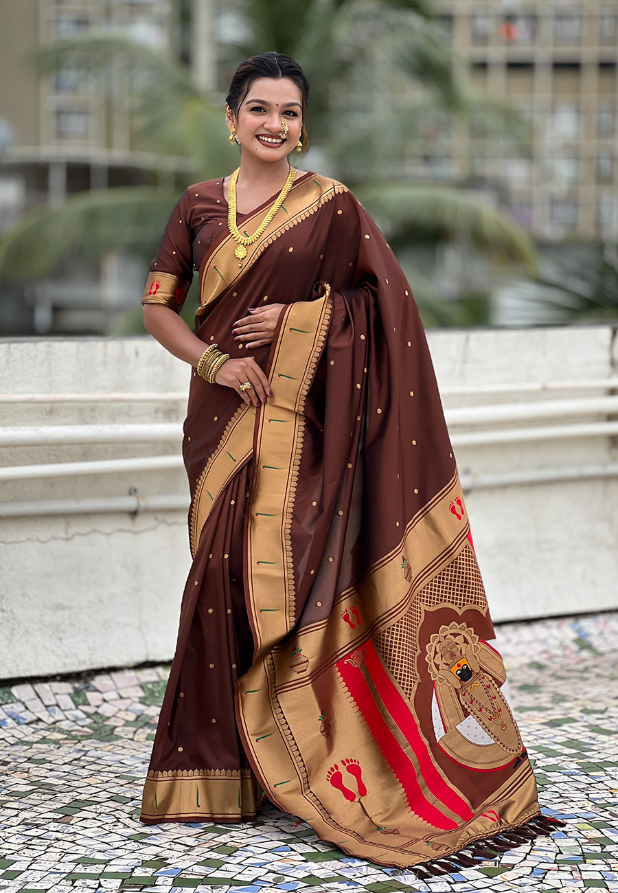 Coffee Zari Woven Mahalaxmi God Paithani Silk Saree Paithani Saree Anant Tex Exports Pvt.Ltd..