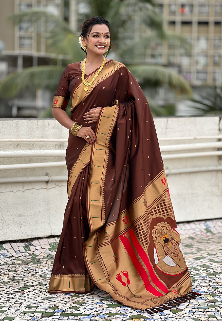 Coffee Zari Woven Mahalaxmi God Paithani Silk Saree Paithani Saree Anant Tex Exports Pvt.Ltd..