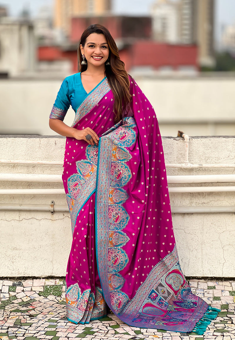 Magenta Pashmina Darbari Silk Zari Banarasi Saree