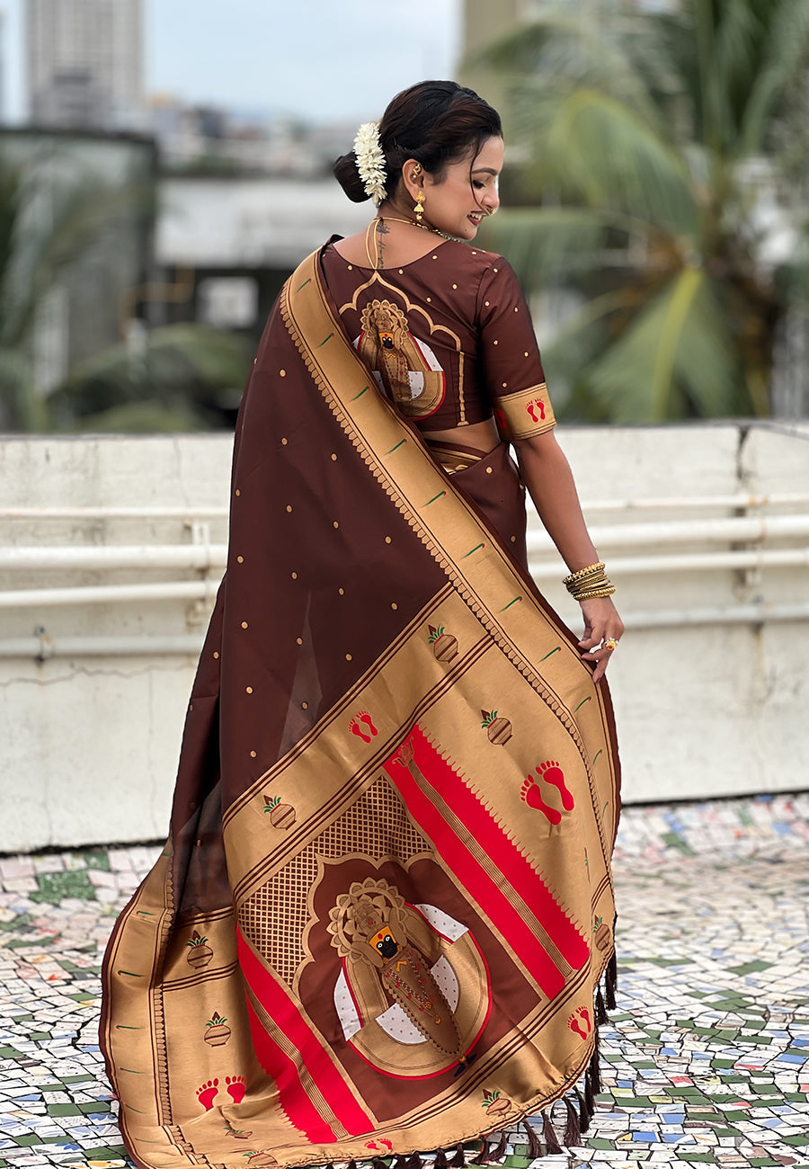 Coffee Zari Woven Mahalaxmi God Paithani Silk Saree Paithani Saree Anant Tex Exports Pvt.Ltd..