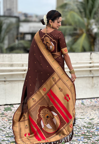 Coffee Zari Woven Mahalaxmi God Paithani Silk Saree Paithani Saree Anant Tex Exports Pvt.Ltd..