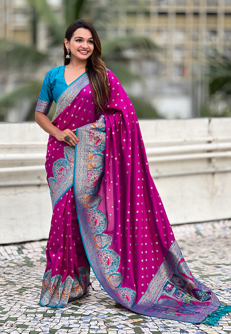 Magenta Pashmina Darbari Silk Zari Banarasi Saree