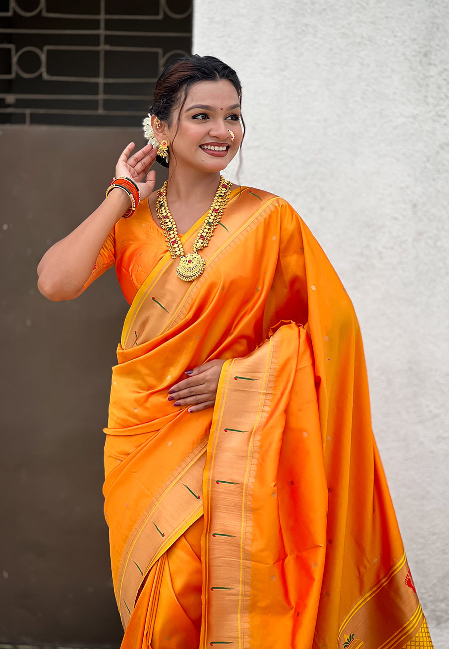 Yellow Zari Woven Mahalaxmi God Paithani Silk Saree