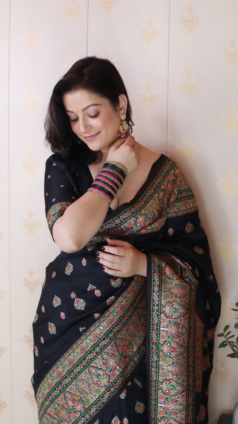 Shivani Jade Black Pashmina Kashmiri Silk Zari Woven Saree