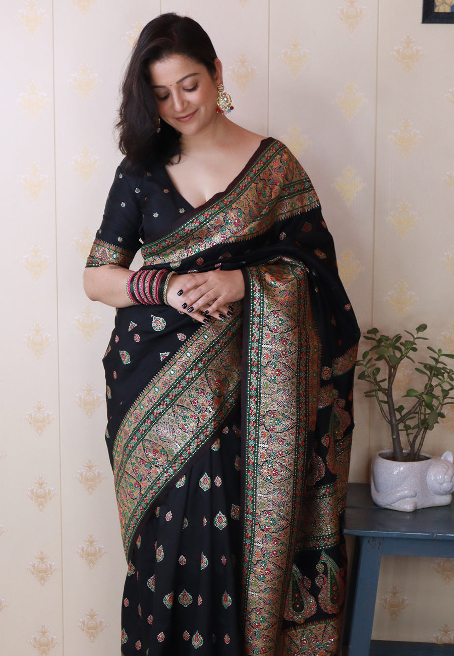 Shivani Jade Black Pashmina Kashmiri Silk Zari Woven Saree Soft Silk Saree Anant Tex Exports Pvt.Ltd..