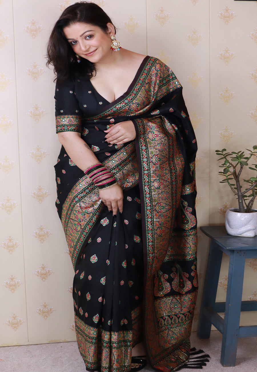 Shivani Jade Black Pashmina Kashmiri Silk Zari Woven Saree