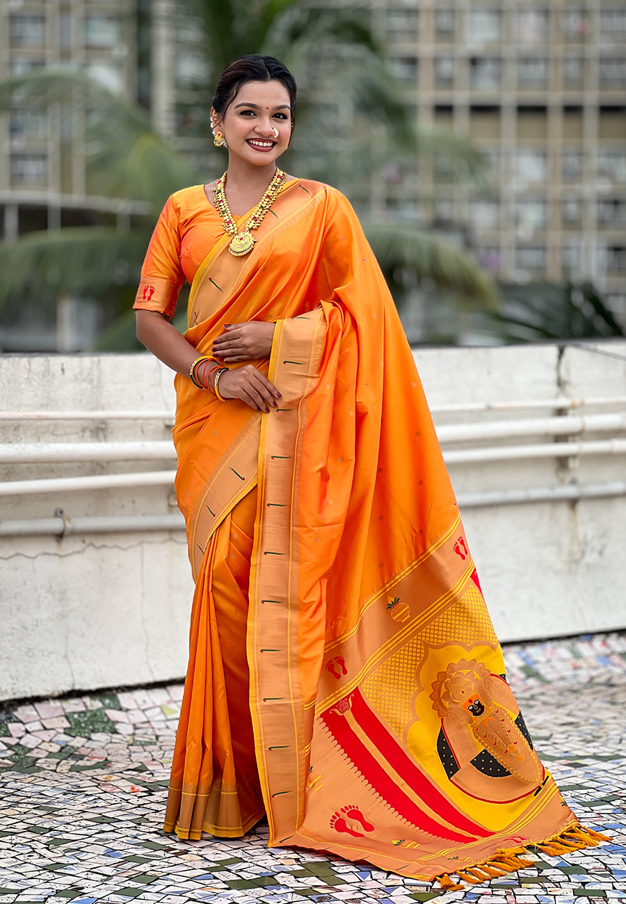 Yellow Zari Woven Mahalaxmi God Paithani Silk Saree Paithani Saree Anant Tex Exports Pvt.Ltd..