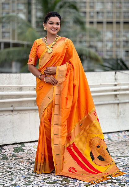 Yellow Zari Woven Mahalaxmi God Paithani Silk Saree Paithani Saree Anant Tex Exports Pvt.Ltd..
