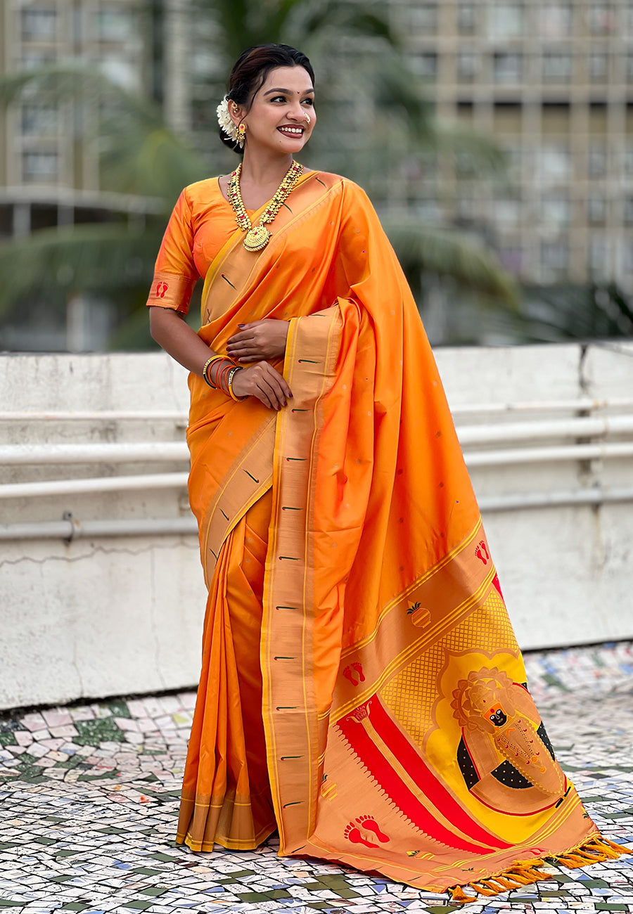 Yellow Zari Woven Mahalaxmi God Paithani Silk Saree