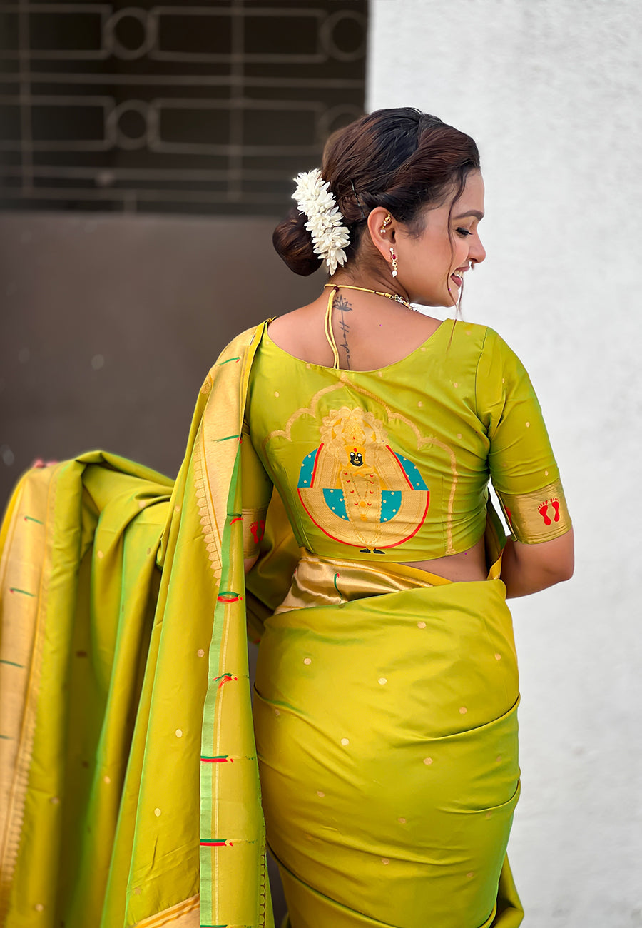 Mehendi Green Zari Woven Mahalaxmi God Paithani Silk Saree Paithani Saree Anant Tex Exports Pvt.Ltd..